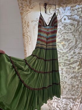 BCBGMaxAzria Olive Green Maxi Dress with Multicolor Crochet Bodice